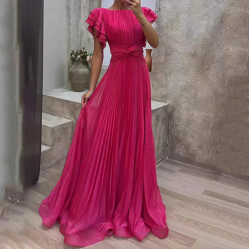 flutter sleeve maxi dress formal Pleated Size:UK14/US10 Style SKU: F-DRS-LIN-WRK-SS Fitted Long Formal Metallic Loosely Fitted