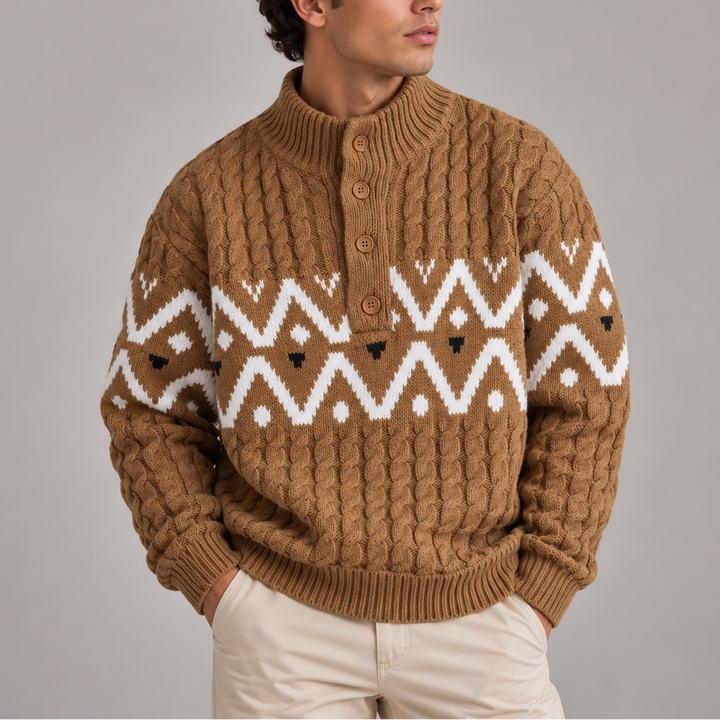 Men's Nordic Cable Knit Jumper with Button Neck