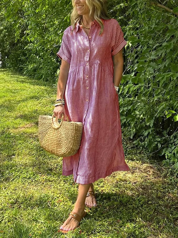 Women's Striped Linen Shirt Dress with Side Pockets