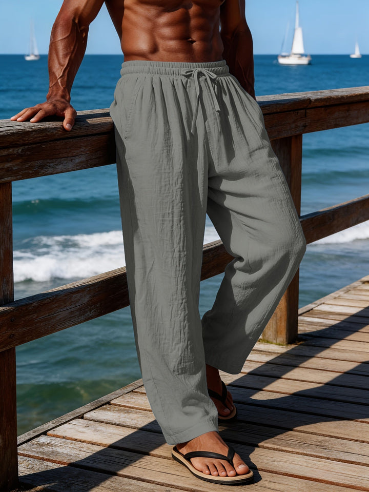 Men's Crinkled Linen Wide-Leg Drawstring Pants