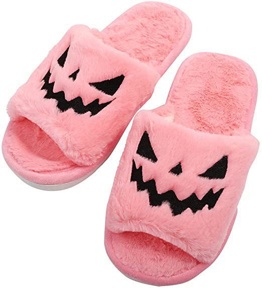 Women's Plush Pumpkin Halloween Slippers with Fluffy Straps