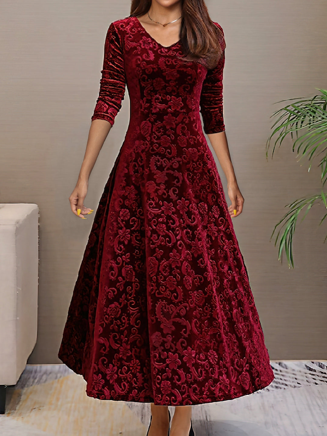 Vivienne | Floral Velvet V Neck Midi Dress