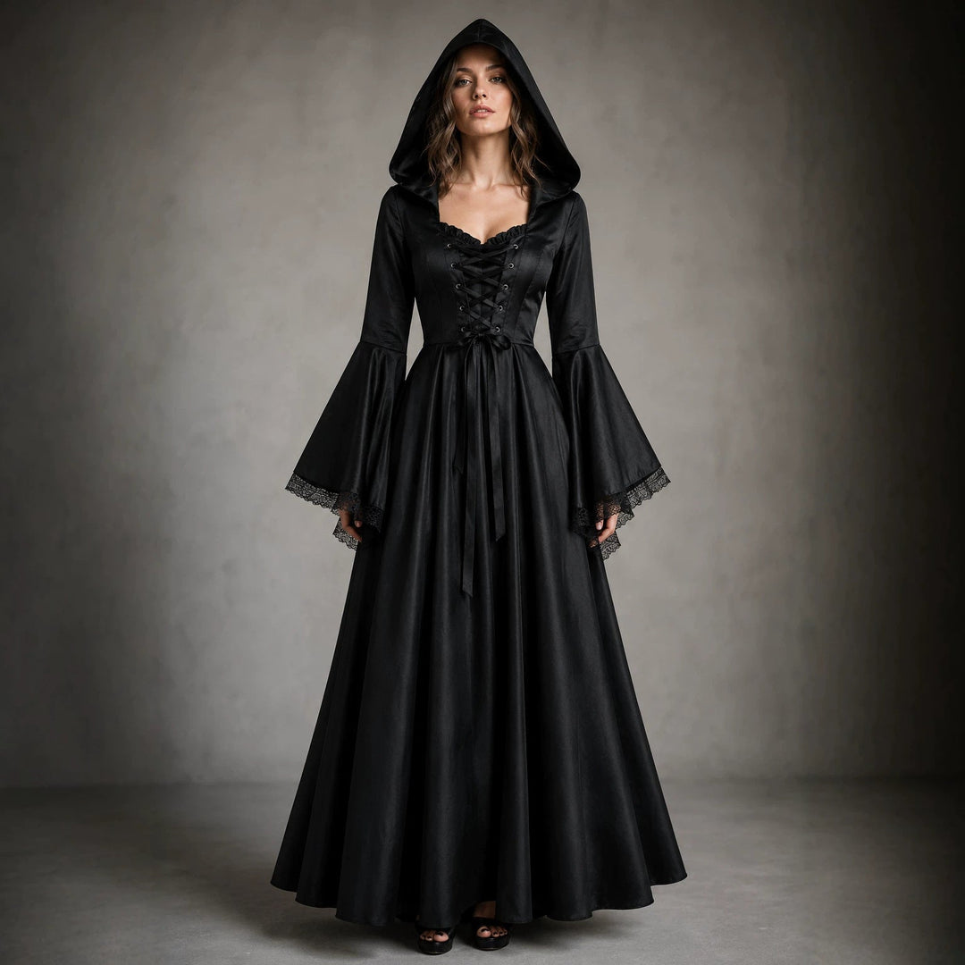 Women's Hooded Witch Halloween Costume Dress with Laced Corset Front