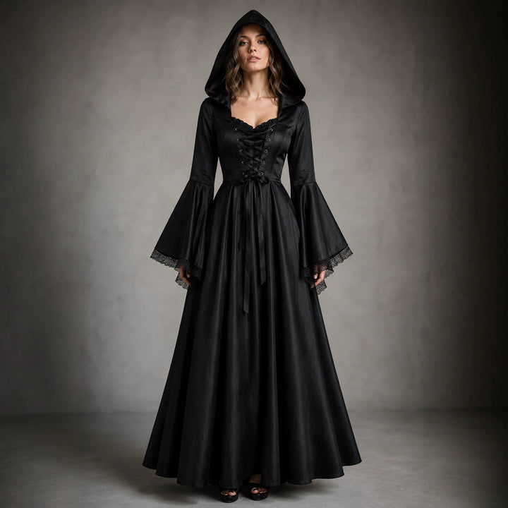 Women's Hooded Witch Halloween Costume Dress with Laced Corset Front