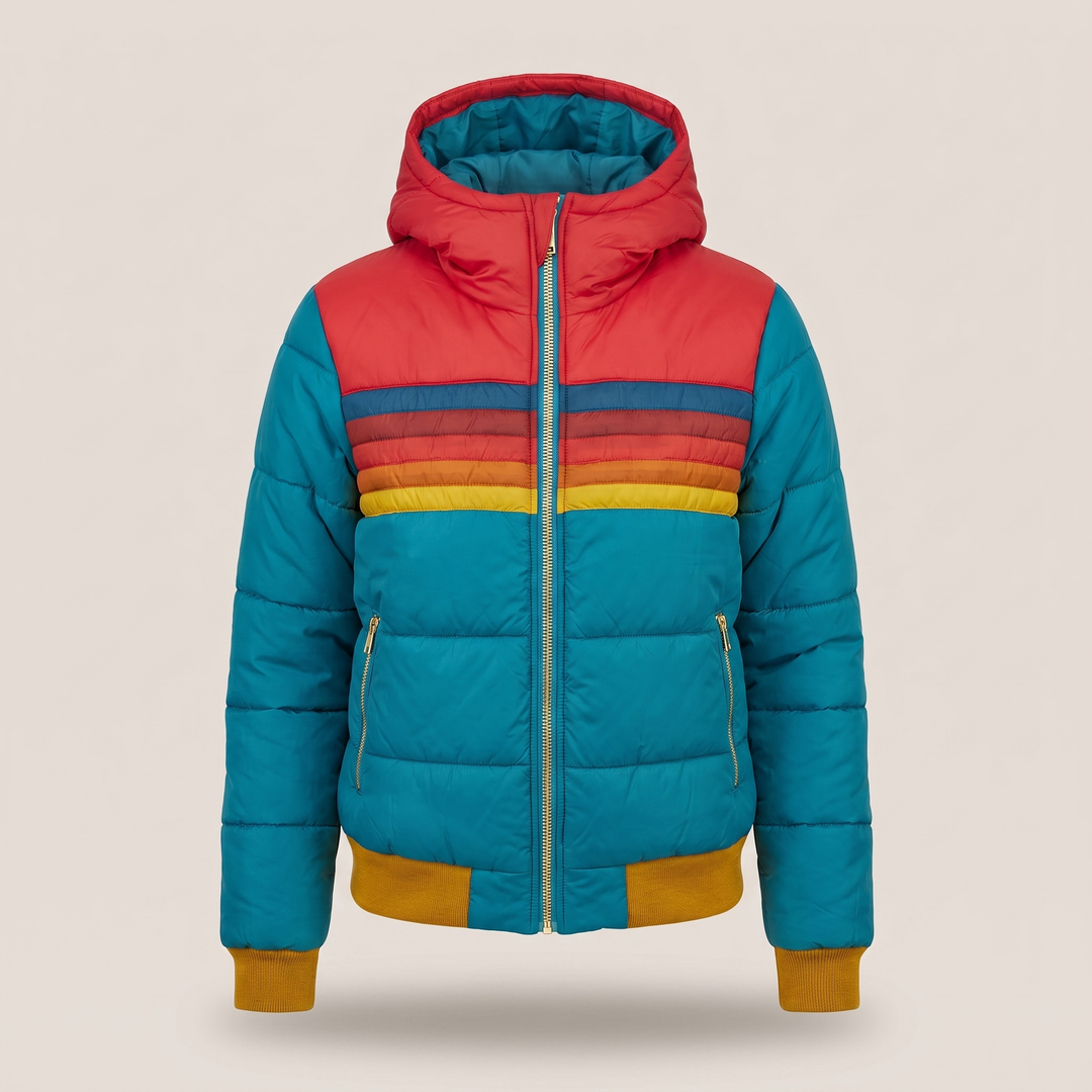 Women's Padded Puffer Jacket with Striped Colour Block