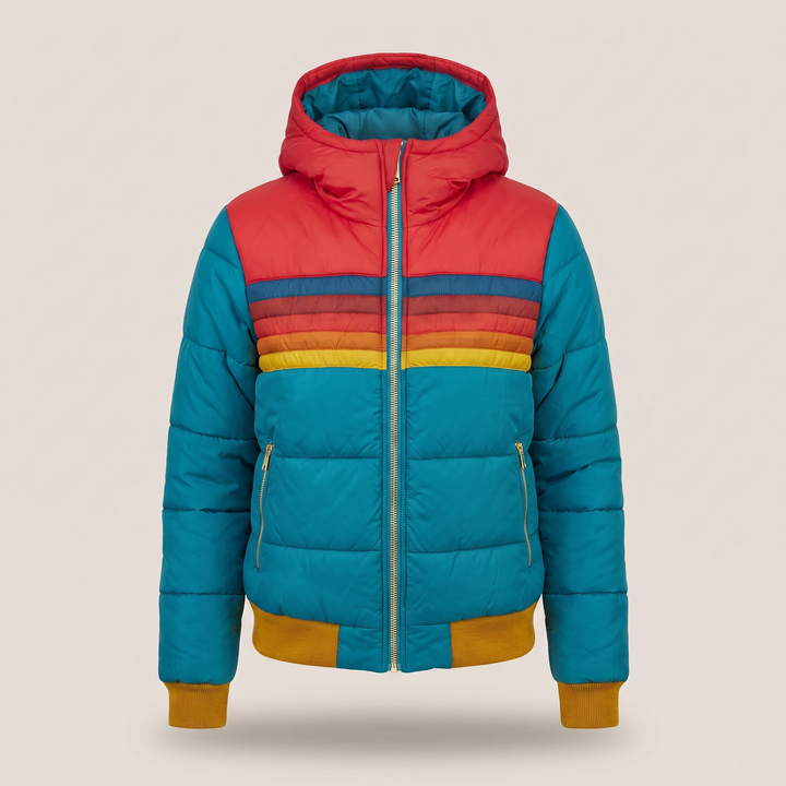 Women's Padded Puffer Jacket with Striped Colour Block