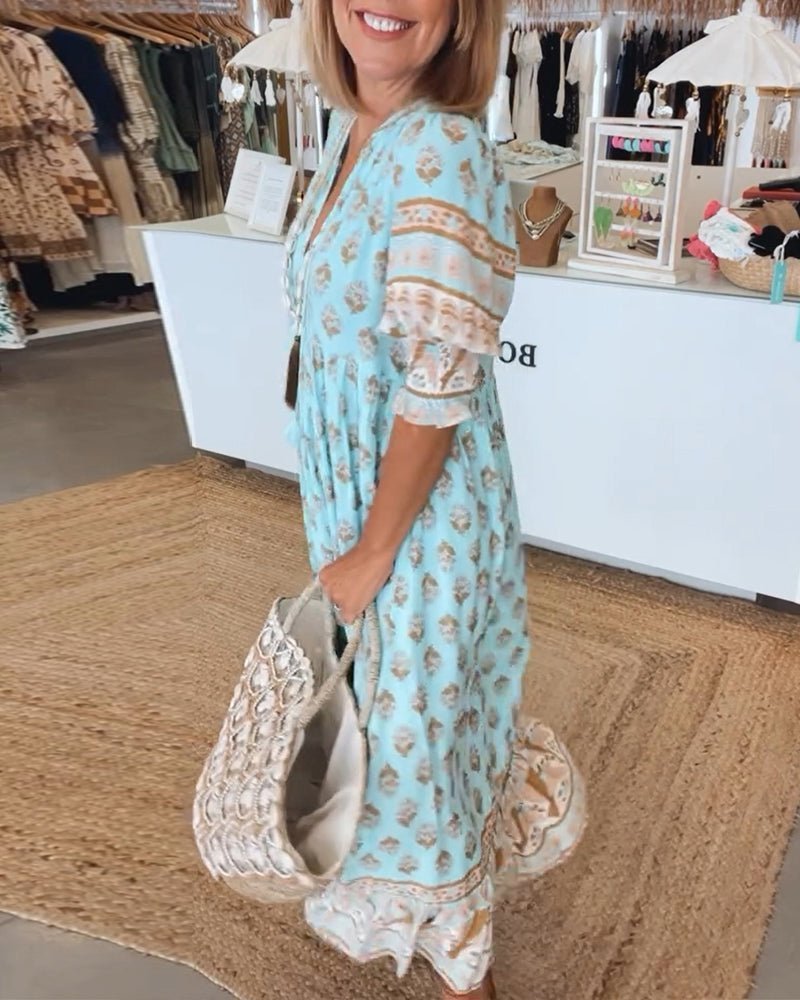 Boho Print V-Neck Midi Dress