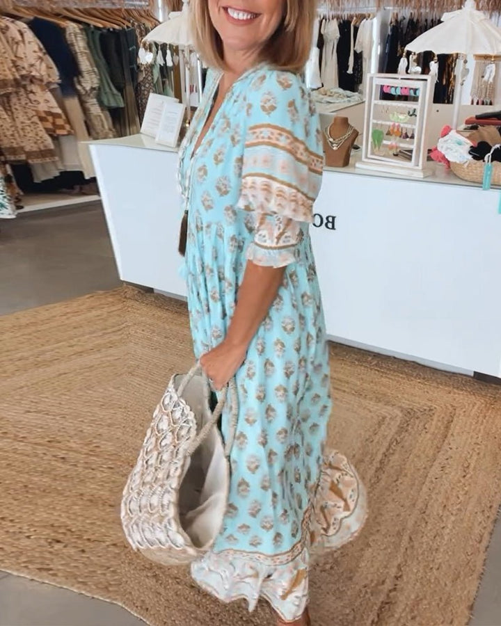 Boho Print V-Neck Midi Dress