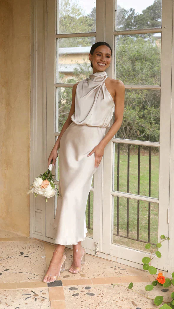 Alessia | Satin High Neck Wedding Guest Dress