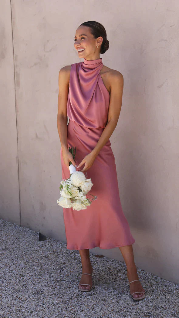 Alessia | Satin High Neck Wedding Guest Dress