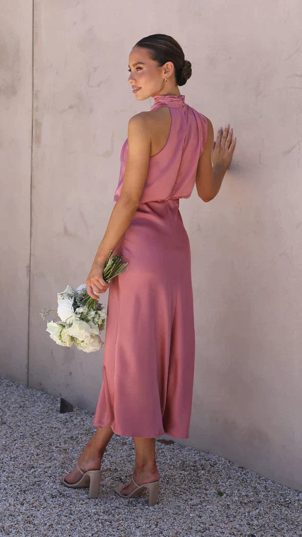 Alessia | Satin High Neck Wedding Guest Dress