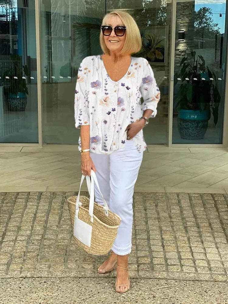Women's Linen Floral Print Blouse with V-Neck