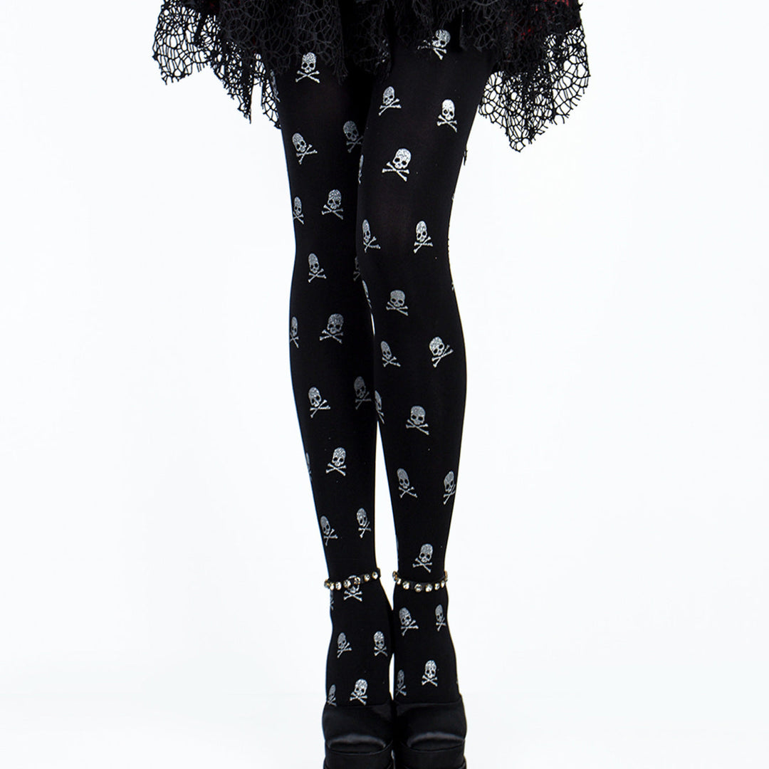 Women's Skull Print Halloween Tights with Metallic Glitter