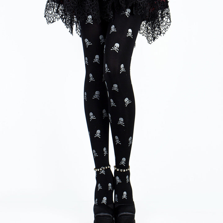 Women's Skull Print Halloween Tights with Metallic Glitter