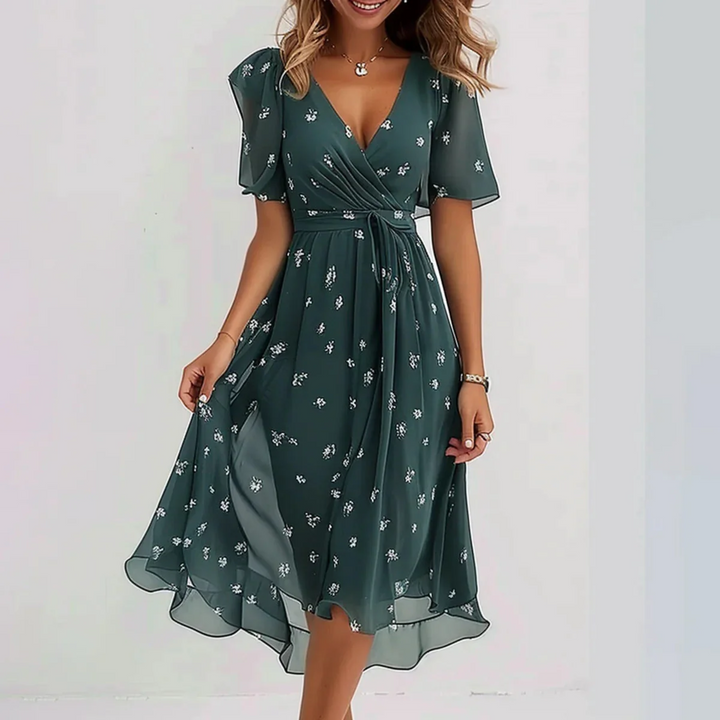 Women's Floral Wrap Midi Dress with Flutter Sleeves