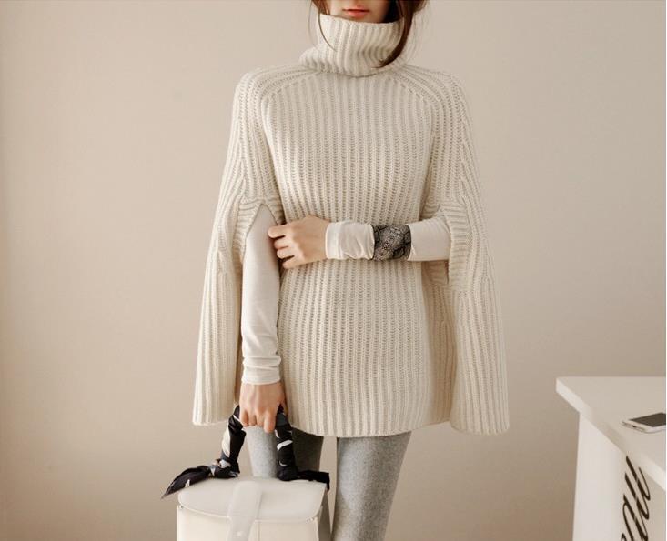 Women's Ribbed Knit Roll Neck Jumper with Cape Sleeves