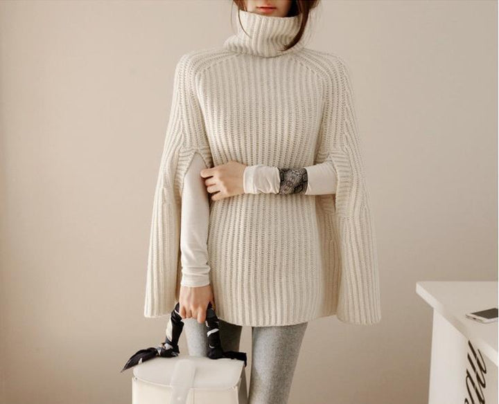 Women's Ribbed Knit Roll Neck Jumper with Cape Sleeves