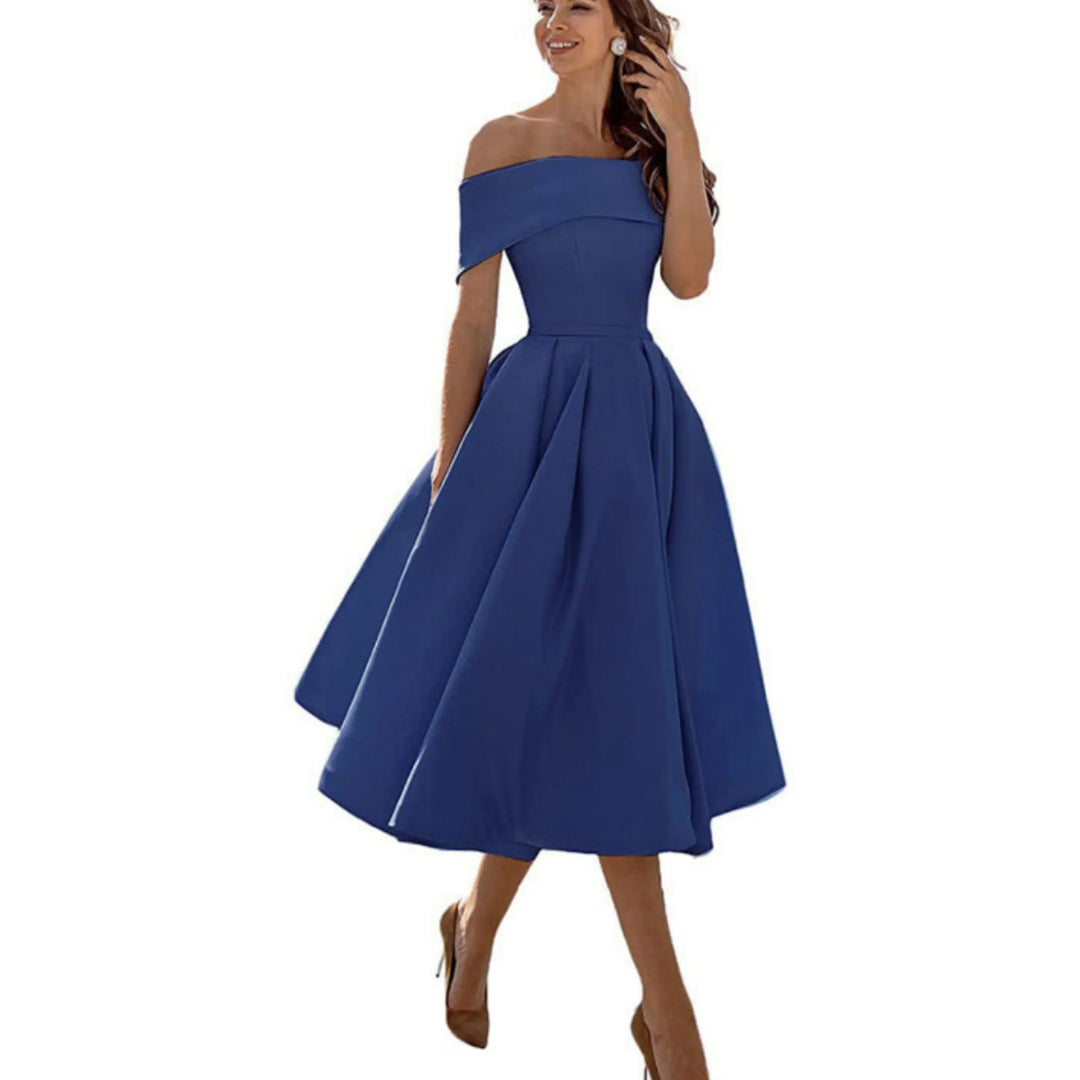 Valentina | Elegant Off Shoulder Evening Midi Dress