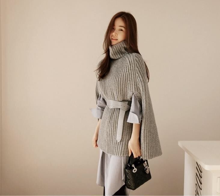 Women's Ribbed Knit Roll Neck Jumper with Cape Sleeves