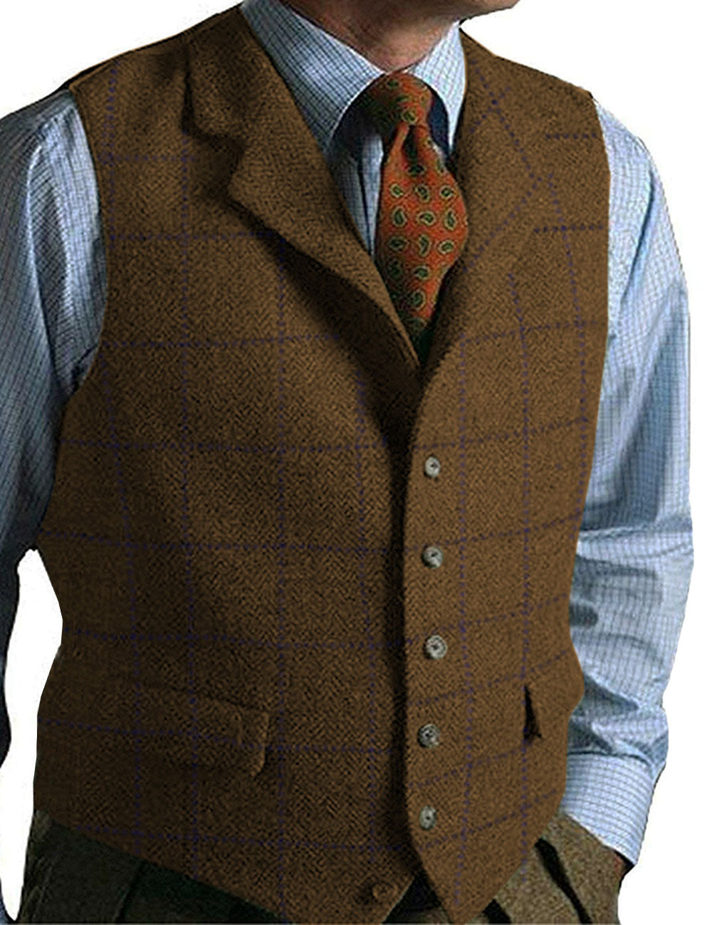 Men's Wool Blend Tweed Waistcoat with Herringbone Pattern