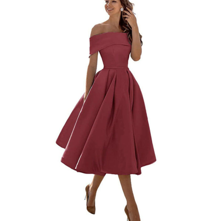 Valentina | Elegant Off Shoulder Evening Midi Dress