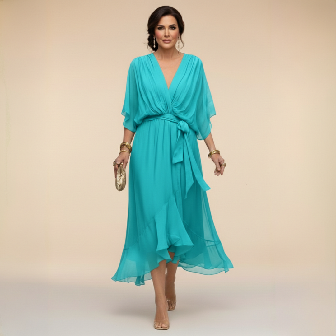 Women's Wrap Midi Dress with Kimono Sleeves