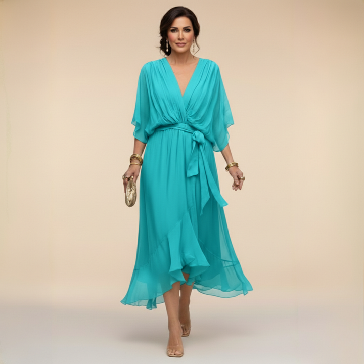 Women's Wrap Midi Dress with Kimono Sleeves