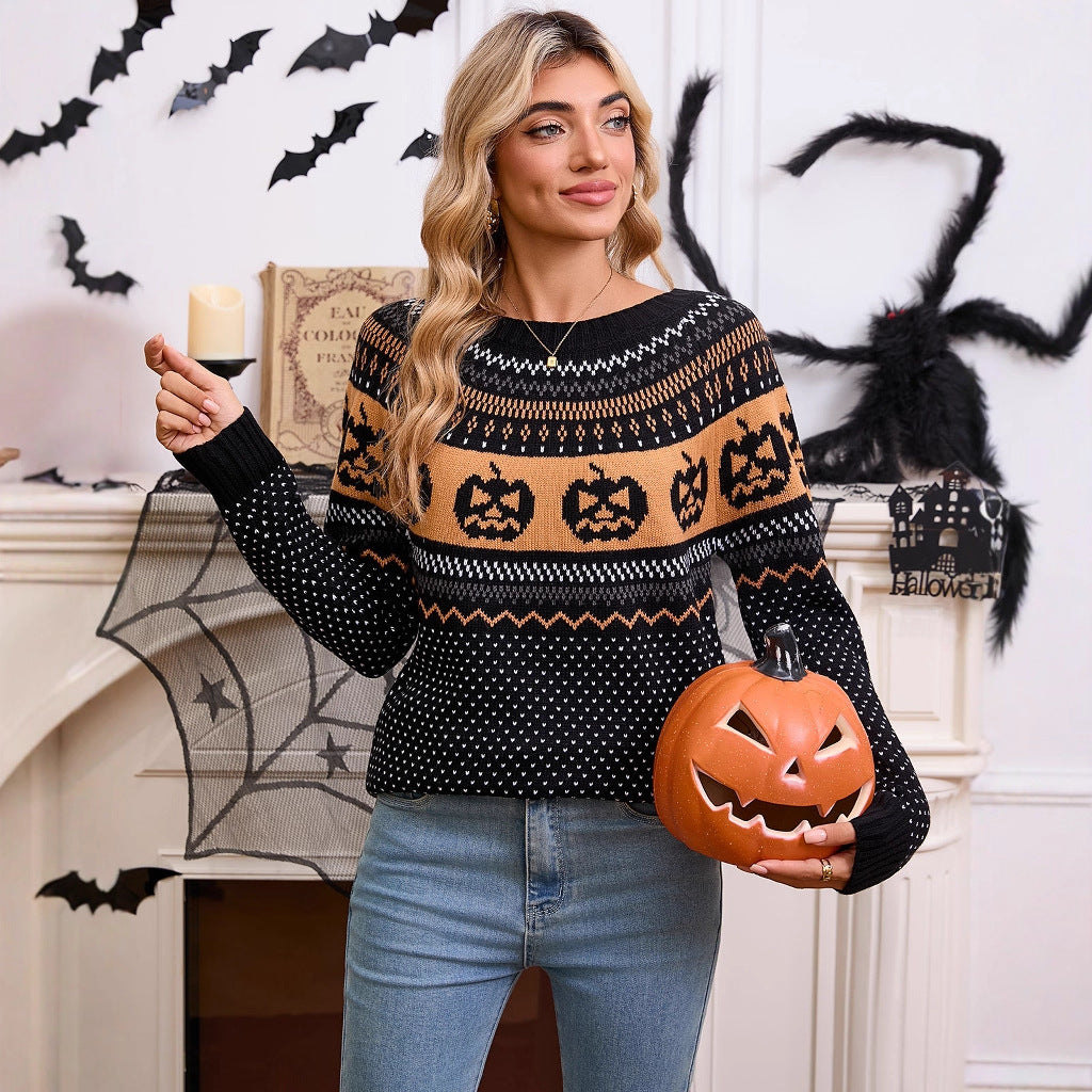Women's Pumpkin Print Halloween Knit Jumper