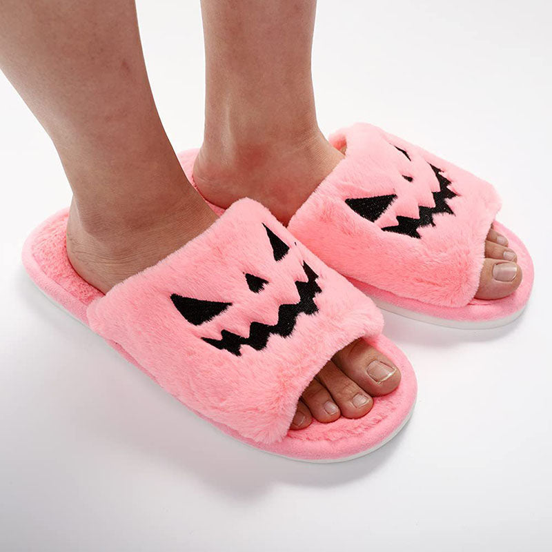 Women's Plush Pumpkin Halloween Slippers with Fluffy Straps