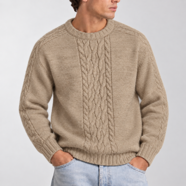 Men's Cable Knit Panel Jumper with Ribbed Crew Neck