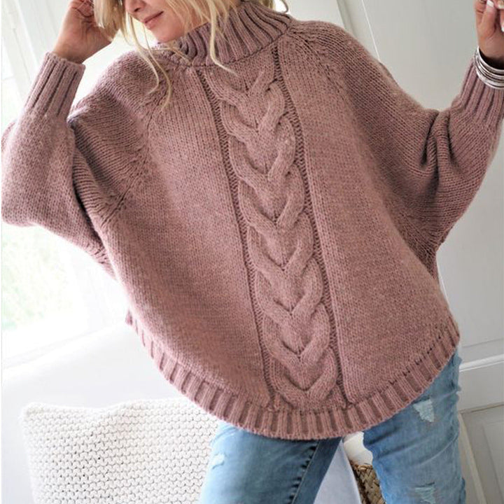 Women's Cable Knit Roll Neck Jumper with Batwing Sleeves