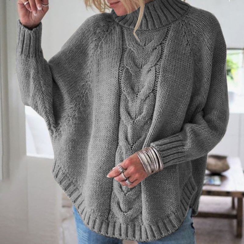 Women's Cable Knit Roll Neck Jumper with Batwing Sleeves