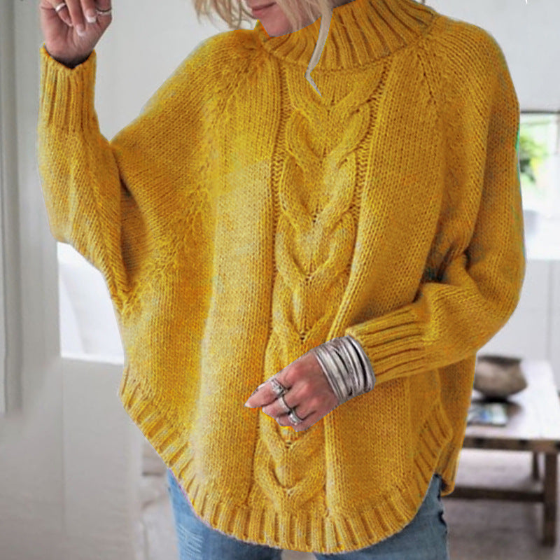 Women's Cable Knit Roll Neck Jumper with Batwing Sleeves