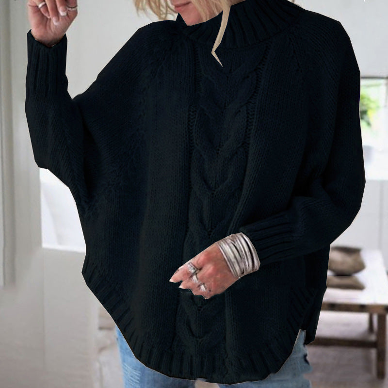 Women's Cable Knit Roll Neck Jumper with Batwing Sleeves