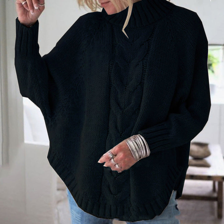 Women's Cable Knit Roll Neck Jumper with Batwing Sleeves