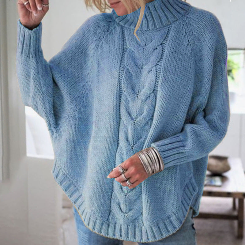 Women's Cable Knit Roll Neck Jumper with Batwing Sleeves