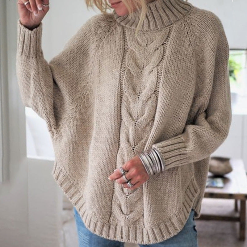Women's Cable Knit Roll Neck Jumper with Batwing Sleeves