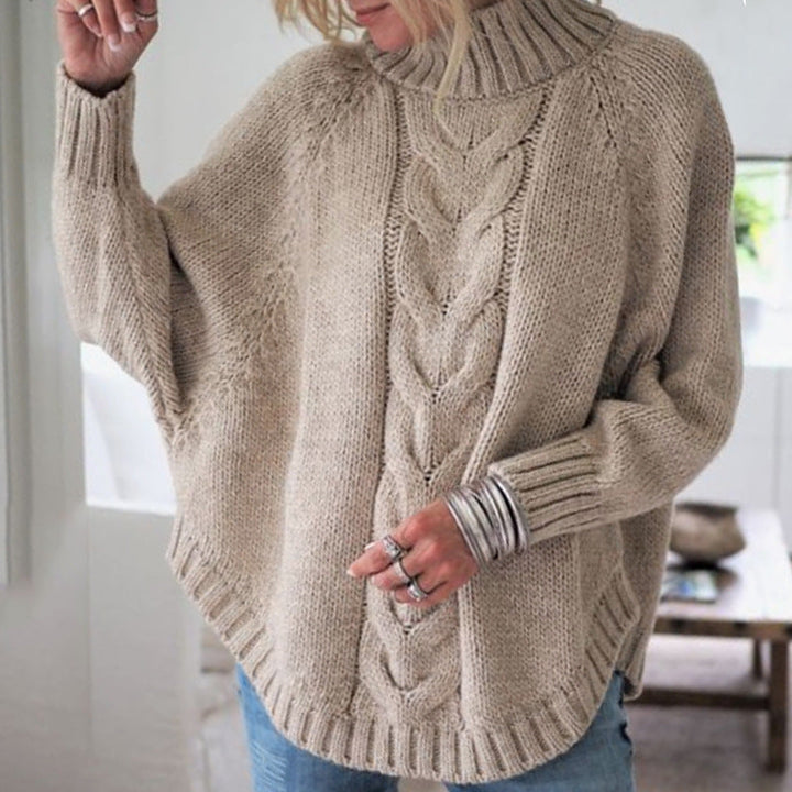 Women's Cable Knit Roll Neck Jumper with Batwing Sleeves