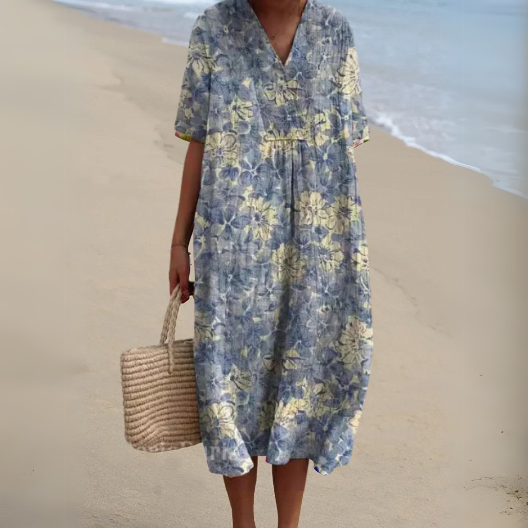 Women's Floral V-Neck Short Sleeve Maxi Dress