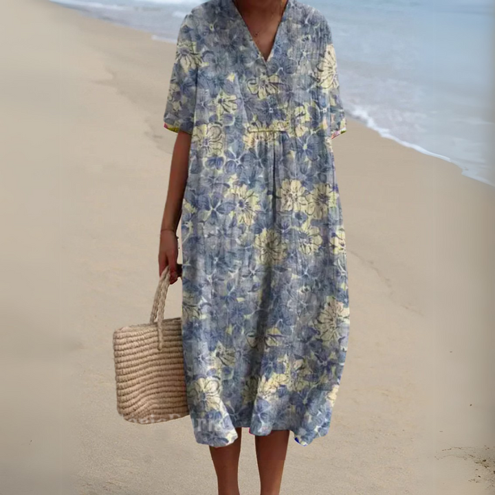 Women's Floral V-Neck Short Sleeve Maxi Dress
