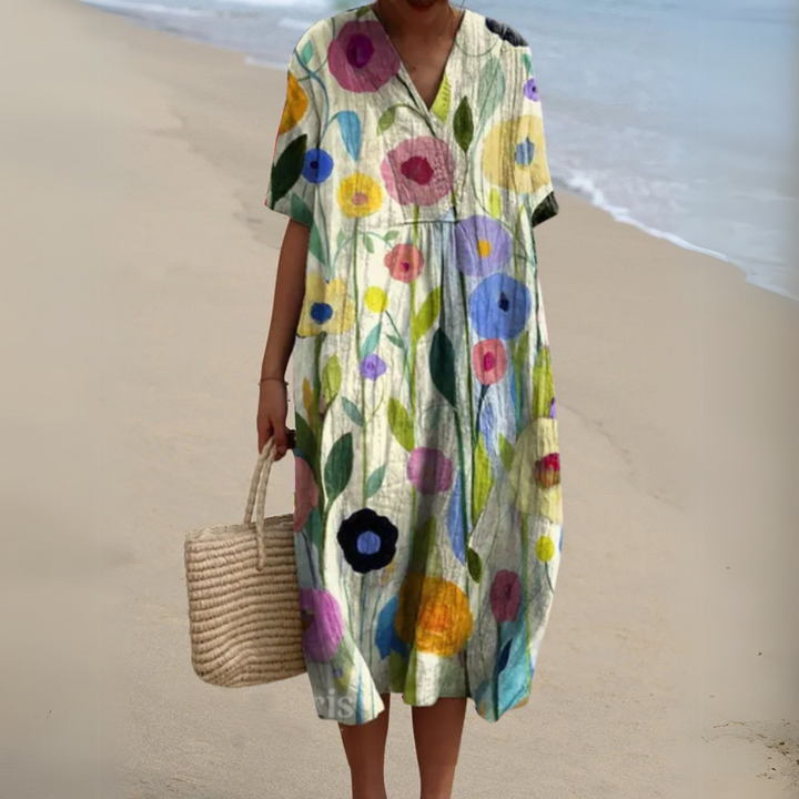 Women's Floral V-Neck Short Sleeve Maxi Dress