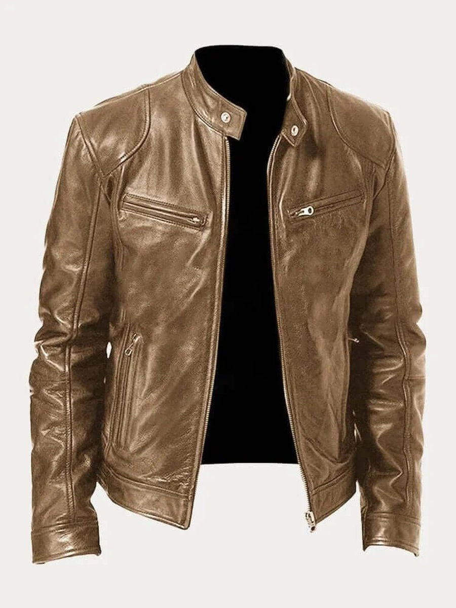 Men's Biker Jacket with Stand Collar and Zip Pockets