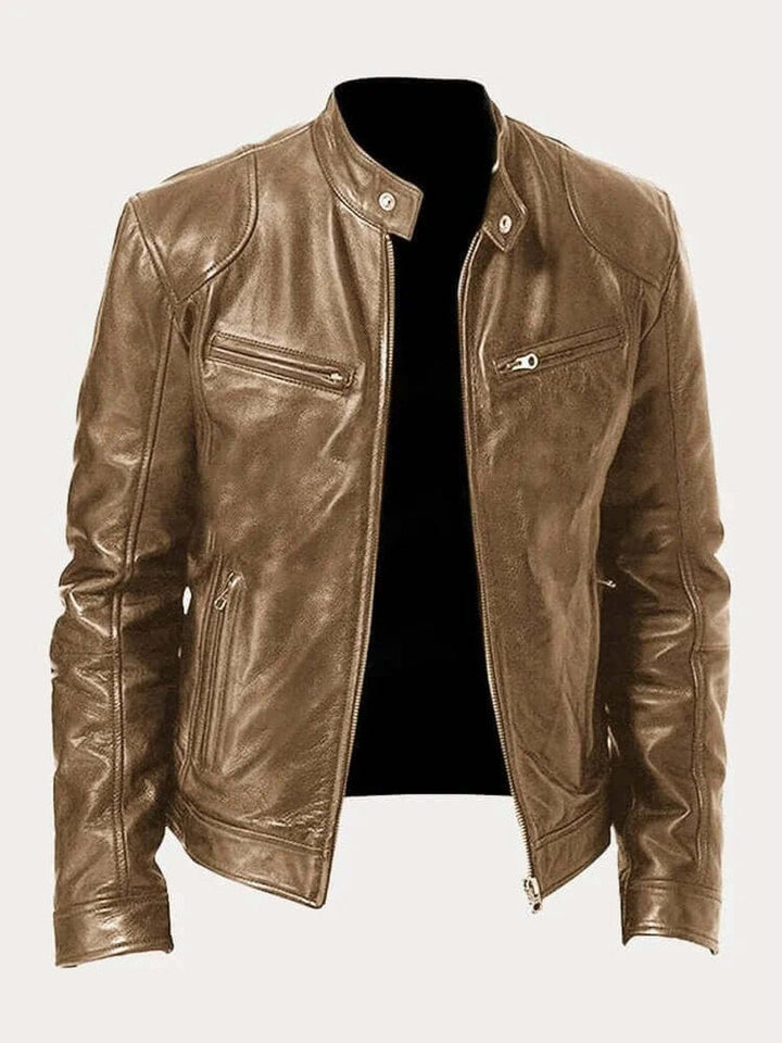 Men's Biker Jacket with Stand Collar and Zip Pockets