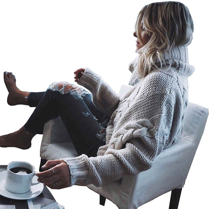 Women's Cable Knit Jumper with Roll Neck Collar