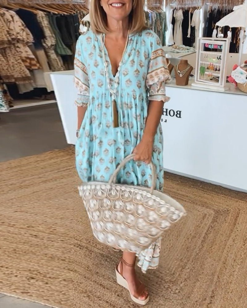 Boho Print V-Neck Midi Dress