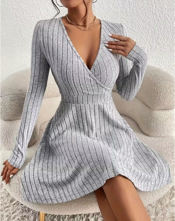 Women's Ribbed Knit Wrap Dress with V-Neck