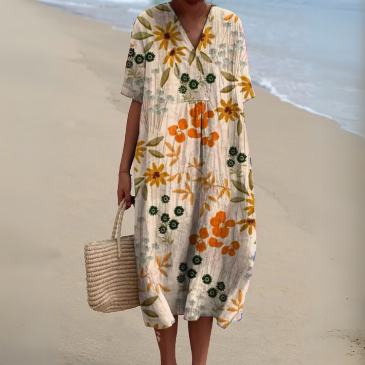 Women's Floral V-Neck Short Sleeve Maxi Dress