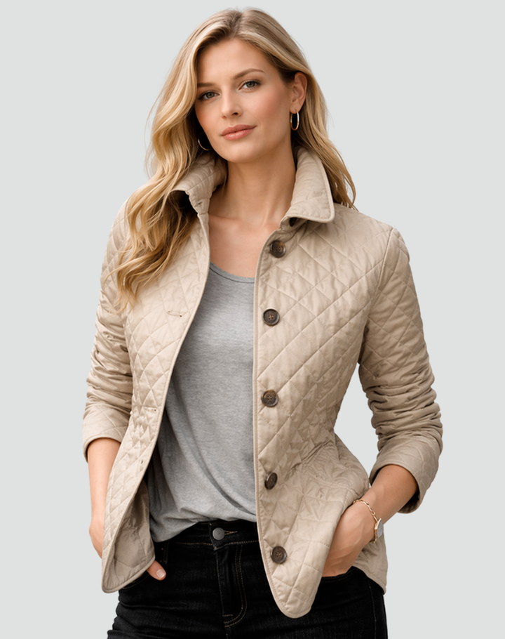 Women's Quilted Button Front Jacket with Structured Collar