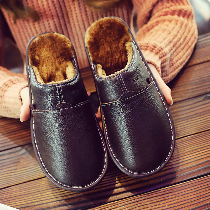 Women's Leather Fur-Lined Slippers with Waterproof Sole