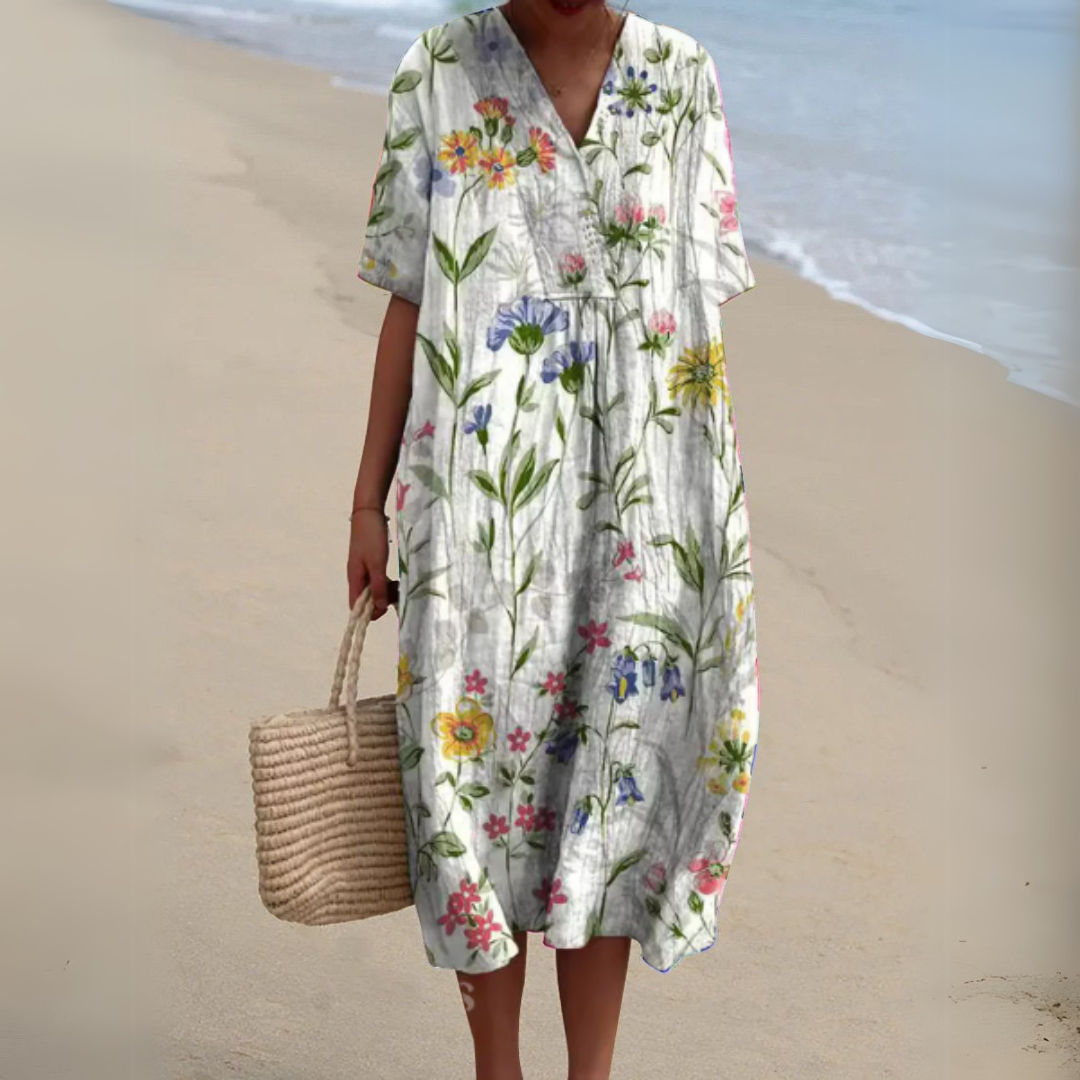 Women's Floral V-Neck Short Sleeve Maxi Dress
